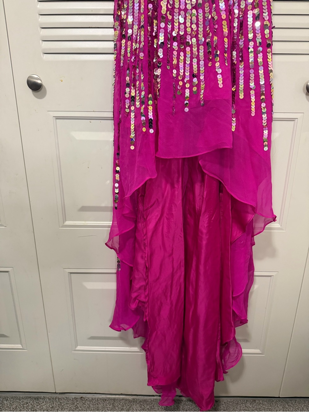 Sherri Hill Fuchsia Strapless Sequin High-Low Gown - Picture 4 of 9